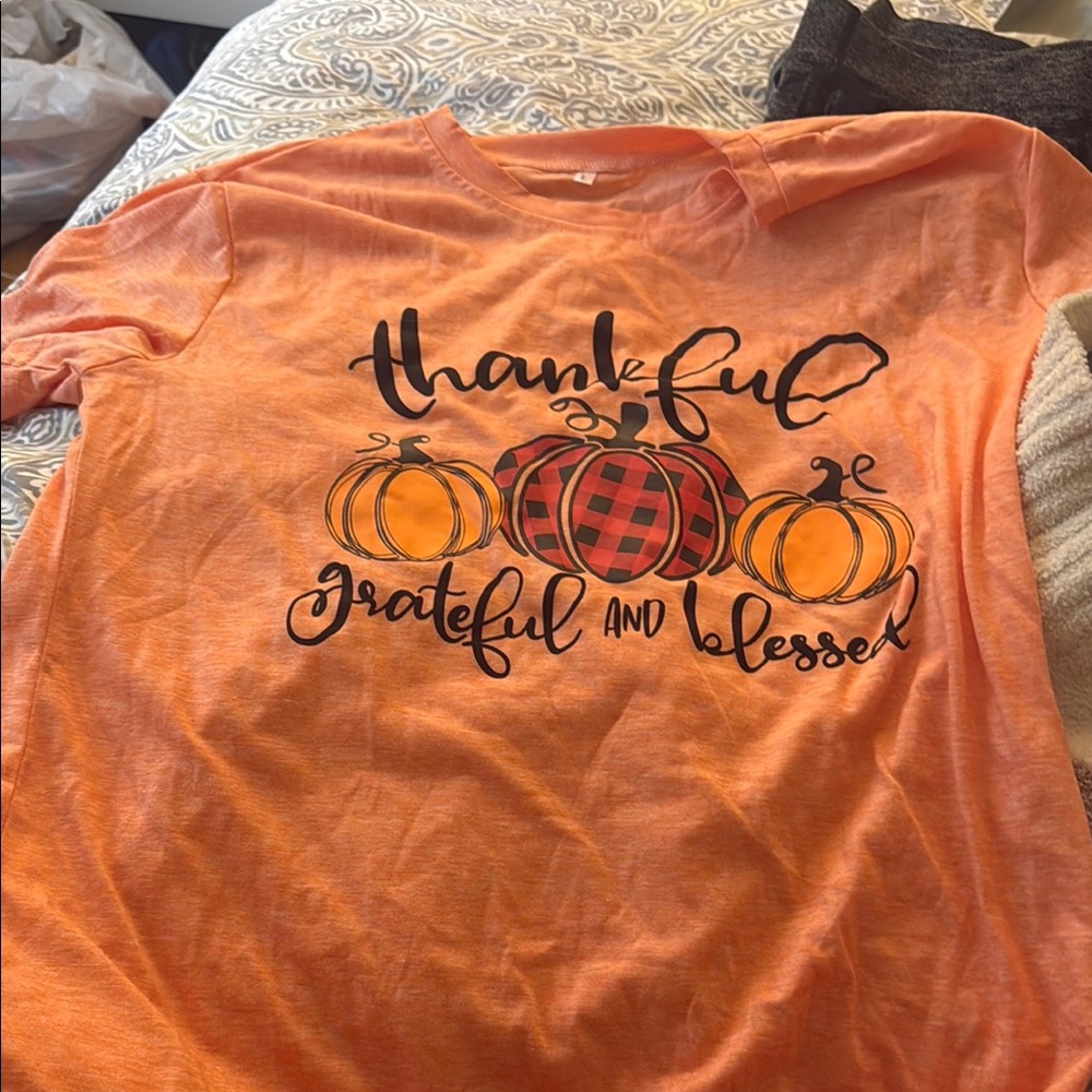 Pumpkin Orange Short Sleeve Tee with Thankful Design